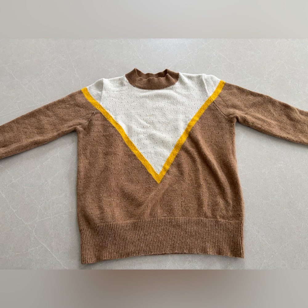 MNG Basics Brown and White Turtleneck Sweater with Yellow Accent Size Medium